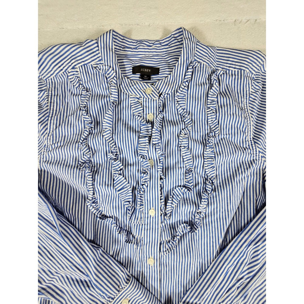 J.Crew Blue White Striped Ruffle Front Bib Shirt Band Collar Womens Medium HO20